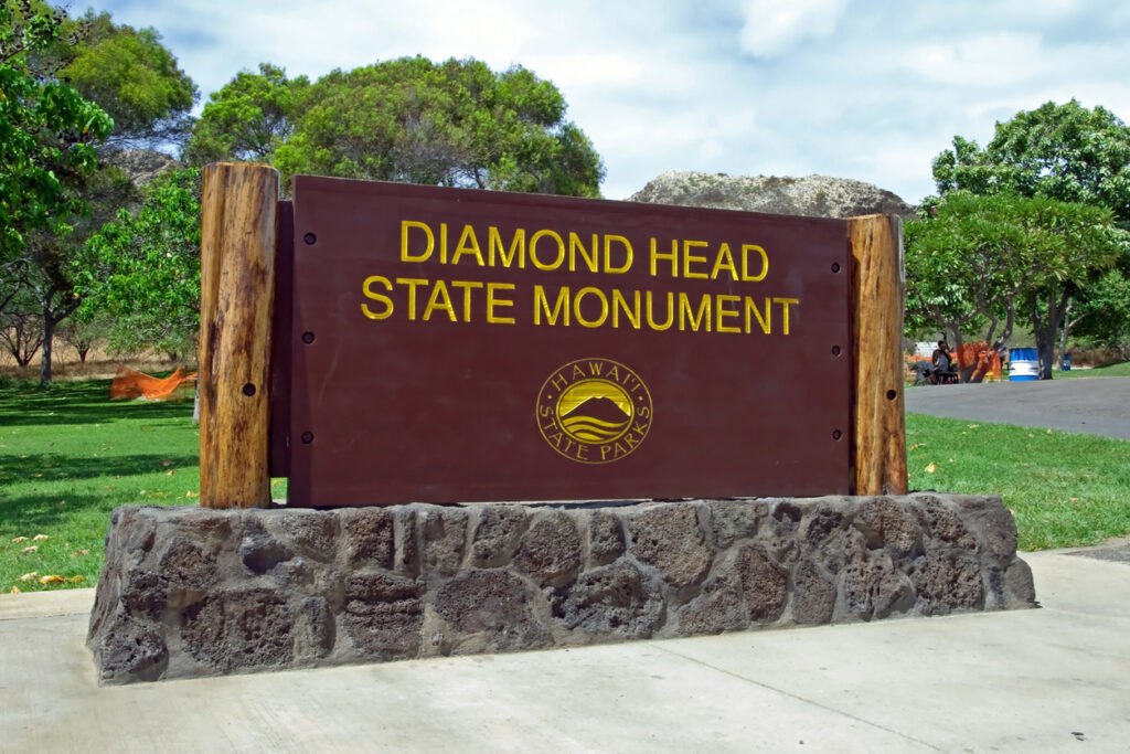 Diamond Head State Monument Park Sign close Honolulu Oahu Haw