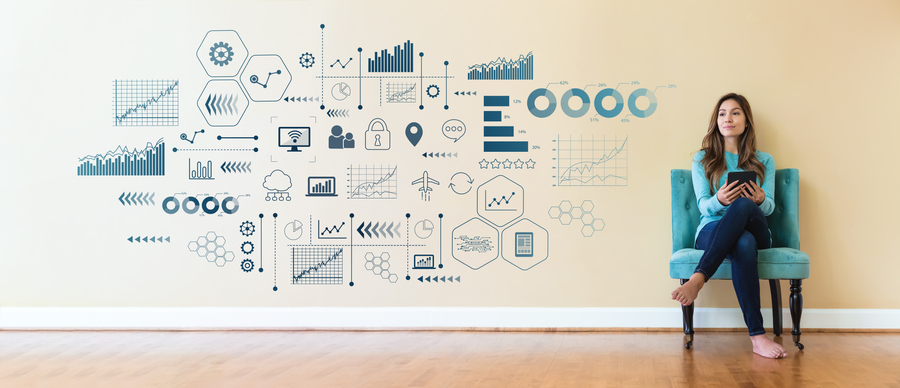 Virtual icons and graphs with young woman