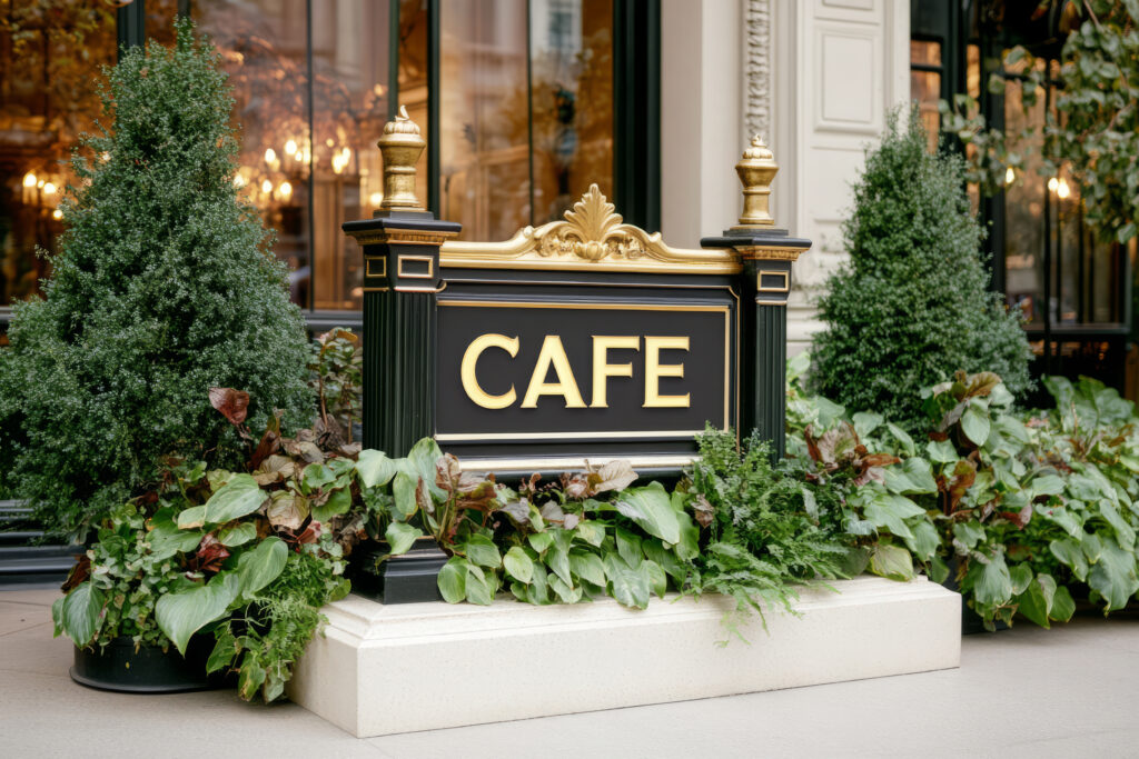Cafe sign surrounded by greenery in front of a classic building with ornate decor